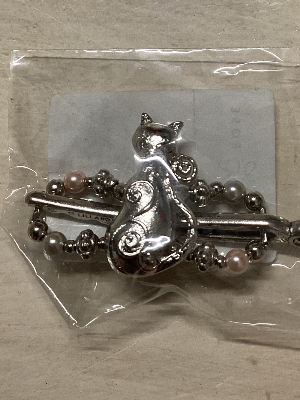 Lila Rose Silver Cat Barrette with Pink and Gray Pearl Accents